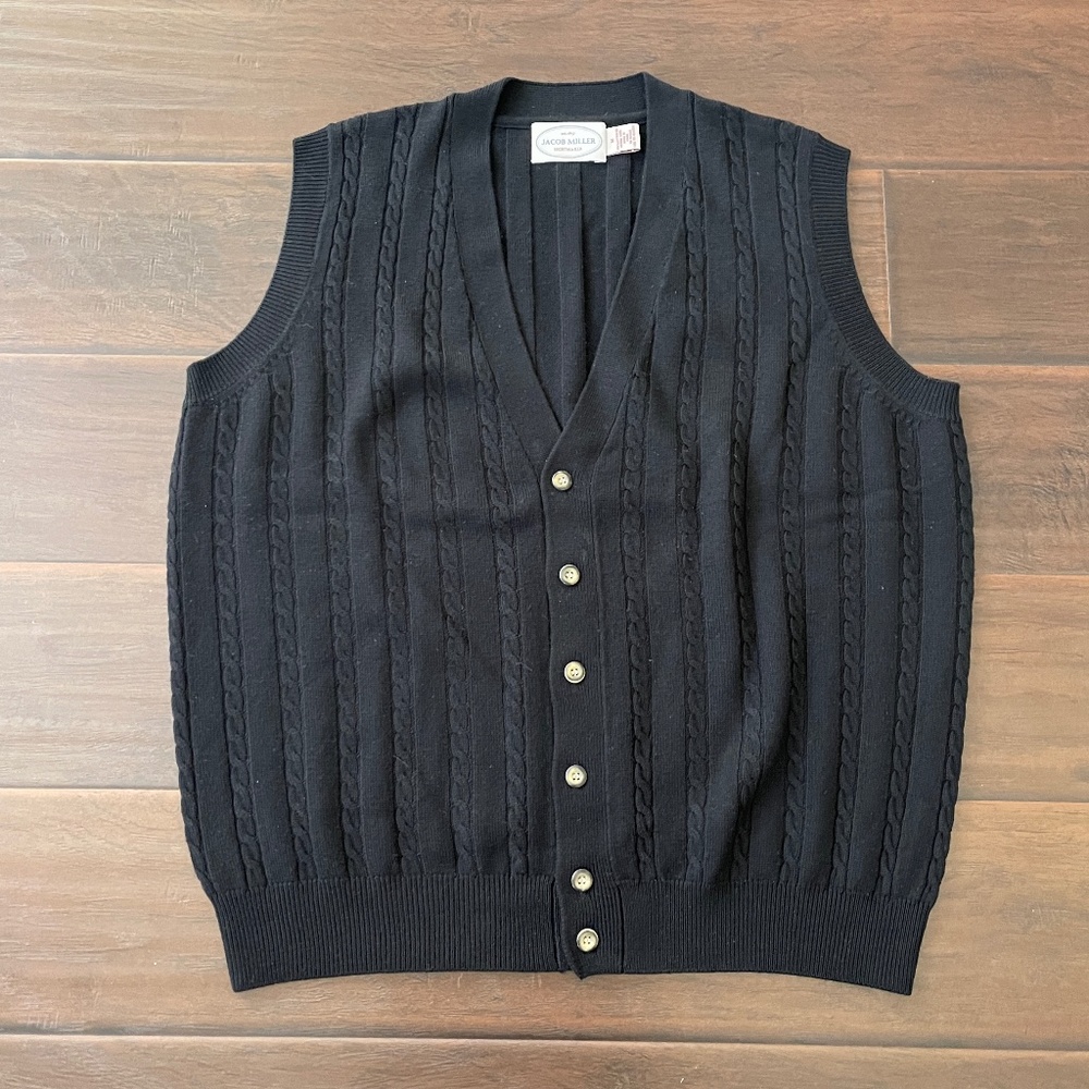 Jacob Miller Men's Black 100% Xtrafine Merino Wool Button Sweater Vest Sz Medium